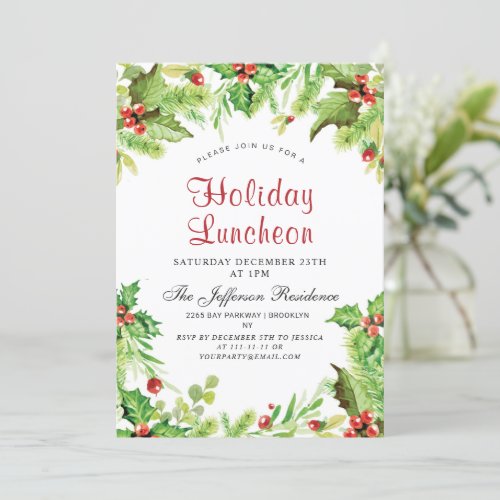 Holiday Luncheon Red Holly Berry  Christmas Invitation