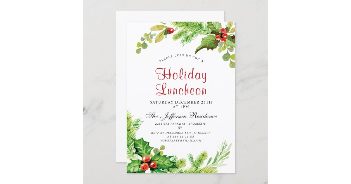 Holiday Luncheon Red Holly Berry Christmas Invitation | Zazzle