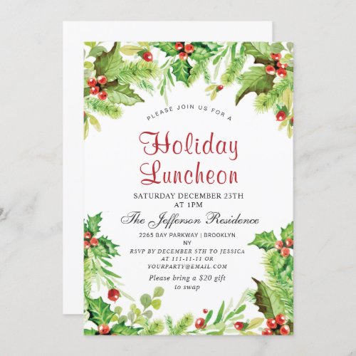 Holiday Luncheon Red Holly Berry  Christmas Invitation