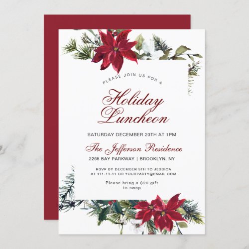 Holiday Luncheon Red Poinsettia Floral Christmas Invitation