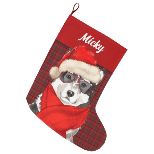Holiday Malamute and Red Plaid with Dogs Name Large Christmas Stocking