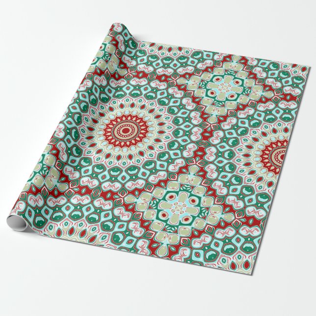 Holiday Mandala in Red, Green, and Winter White Wrapping Paper (Unrolled)