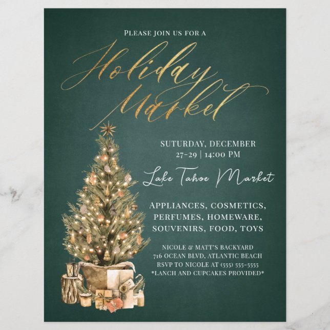 Holiday Market Flyer Christmas Green Invitation (Front)