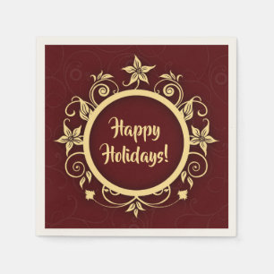 Holiday Maroon & Floral Wreath Custom Message Napkins