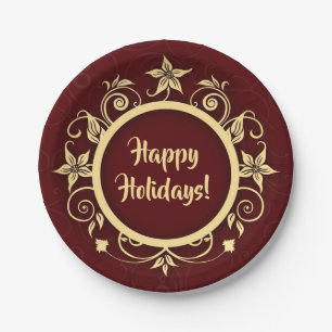Holiday Maroon & Floral Wreath Custom Message Paper Plates