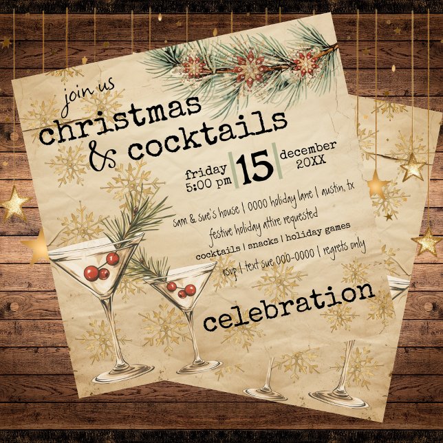 Holiday Martinis Rustic Pine and Snowflakes Party Invitation (Christmas cocktails - rustic customizable party invitation with martinis and berries and pine)