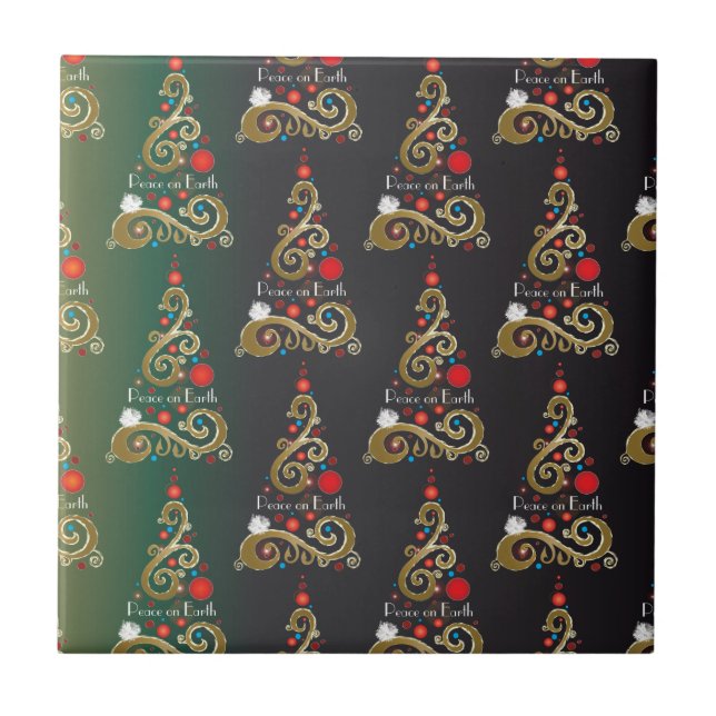 Holiday matte green gold Christmas tree pattern Ceramic Tile (Front)