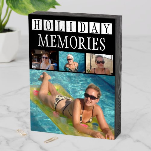 Holiday memories four photos collage black white wooden box sign