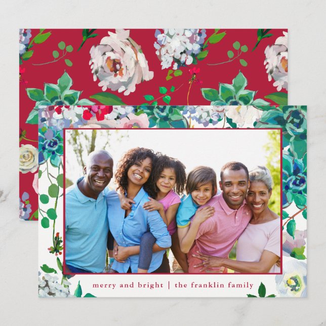 Holiday Merry and Bright Christmas Floral Photo Card (Front/Back)