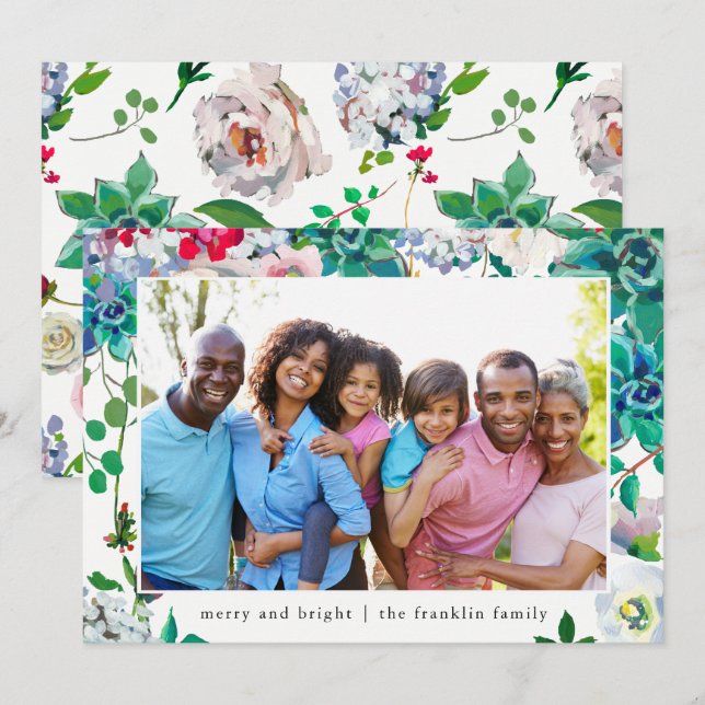 Holiday Merry and Bright Christmas Floral Photo Card (Front/Back)