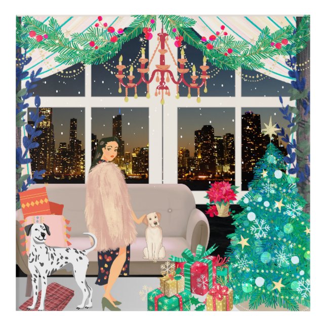 Holiday Merry Christmas Snowy City Skyline View Acrylic Print (Front)