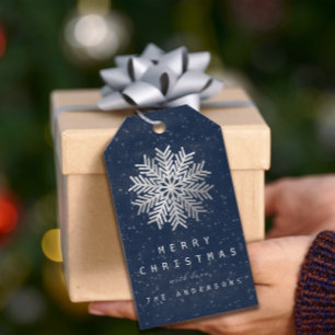 Holiday Merry Gift To Snowflakes Star Silver Navy Tags
