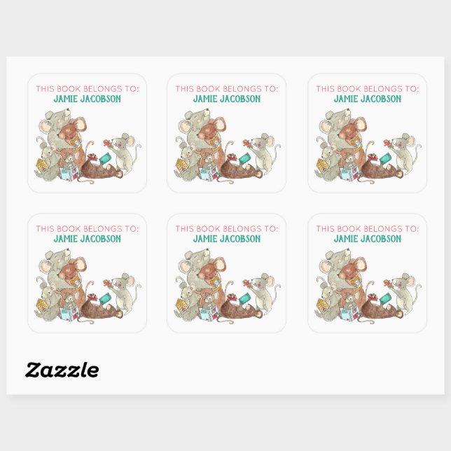 Holiday Mice Book Belongs To Personalized Square Sticker (Sheet)