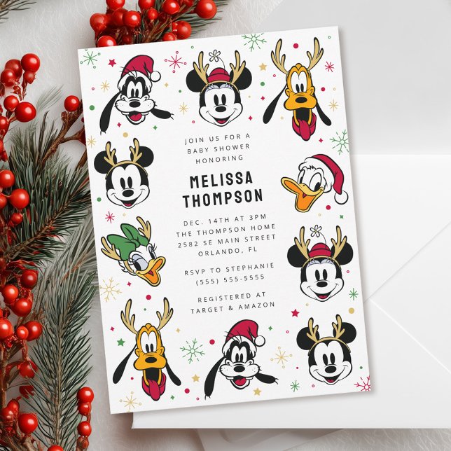 Holiday Mickey and Friends Baby Shower Invitation (Baby Shower Invitation on top of envelopes)