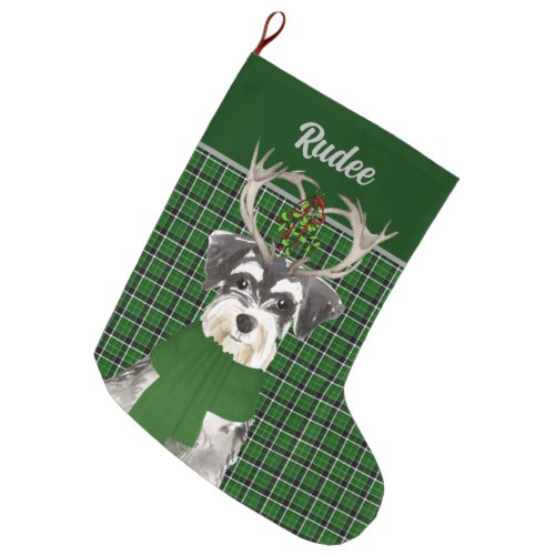 Holiday Miniature Schnauzer Plaid with Dogs Name Large Christmas Stocking