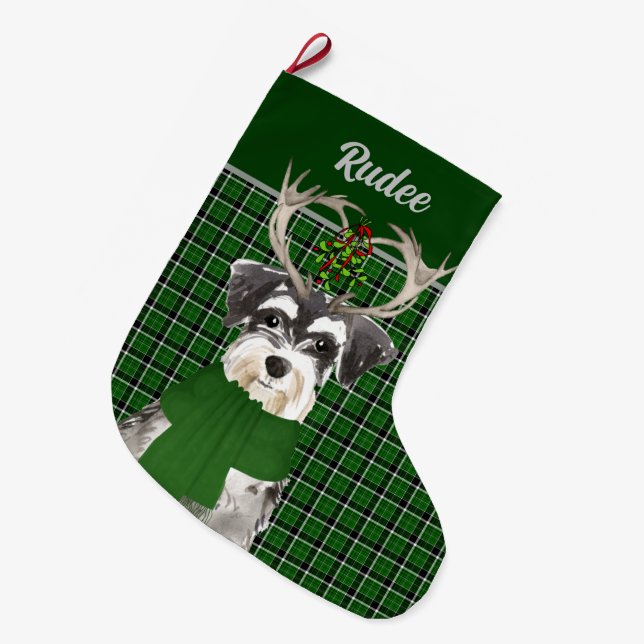 Holiday Miniature Schnauzer Plaid with Dog's Name Large Christmas Stocking (Front (Hanging))