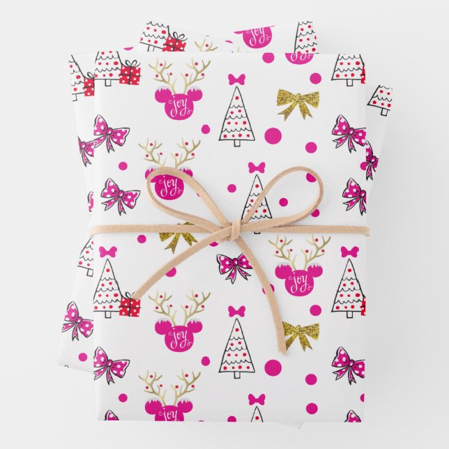 Holiday Minnie Pattern with Gold Bows & Antlers Wrapping Paper Sheets (In situ)