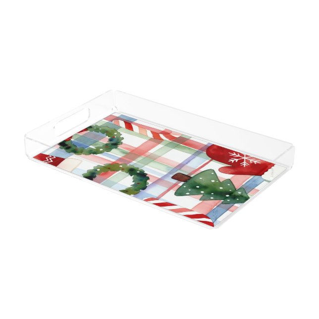 Holiday Mittens Candy Canes Trees Wreath Blanket Acrylic Tray (Angled)