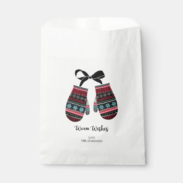 Holiday Mittens Warm Wishes Christmas Favor Bag (Front)