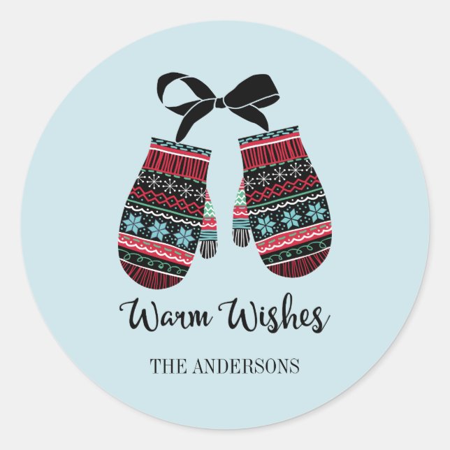 Holiday Mittens Warm Wishes Christmas Sticker (Front)