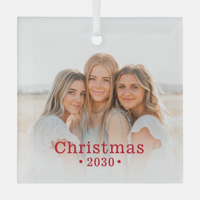 Holiday Modern Family Photo Glass Ornament (Front)