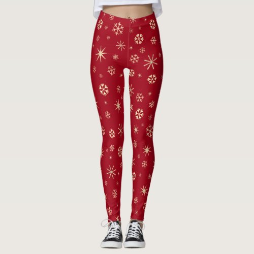 Holiday modern festive gold snowflake pattern red leggings