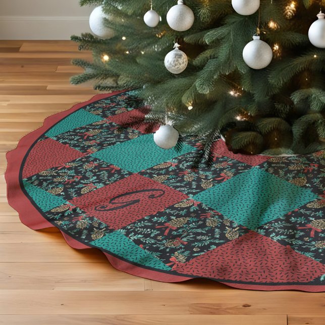 Holiday Monogram Black Checkered Pine Cone Ribbon Faux Linen Tree Skirt (Festive monogrammed checkered tree skirt in black red & green with pinecones ribbons and sprinkles)