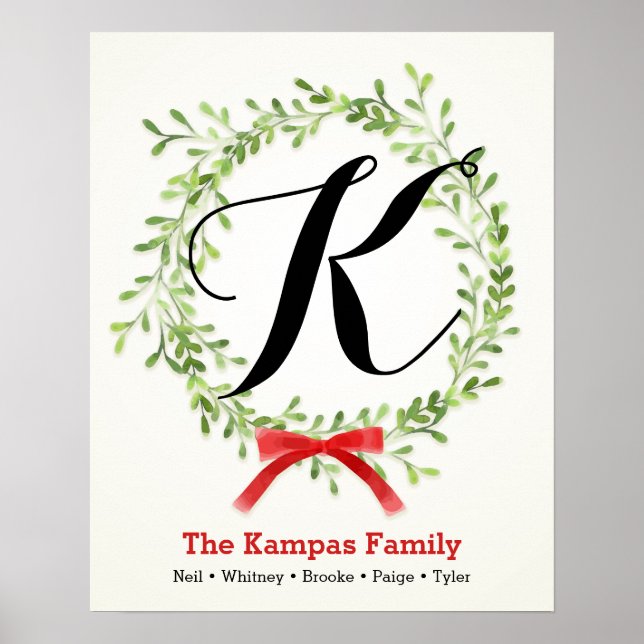 Holiday Monogram Family Print, Mistletoe Wreath Poster (Front)