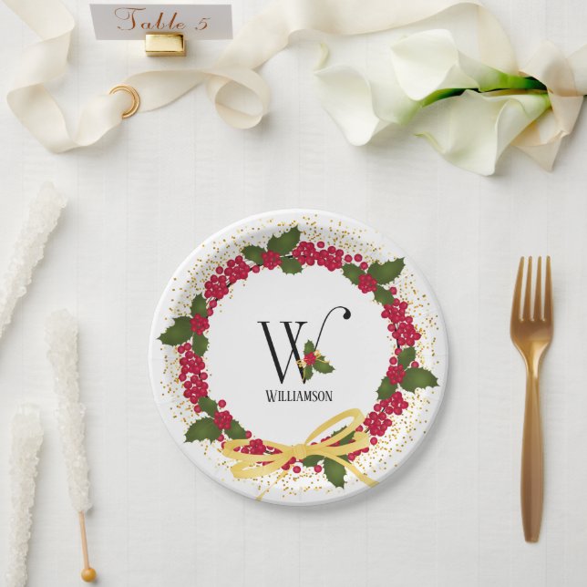 Holiday Monogram Initial W Personalized Paper Plates (Wedding)