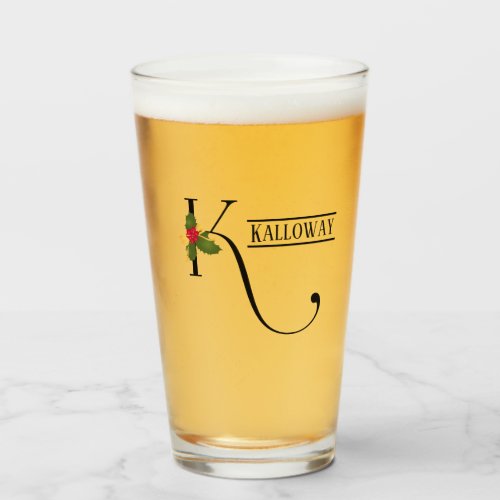 Holiday Monogram K Personalized Beer Glass