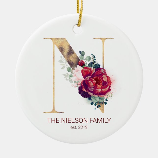 Holiday Monogram Newlywed Or Family Photo White Ceramic Ornament (Front)