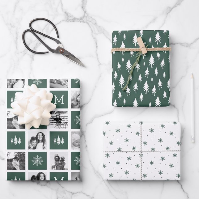 Holiday Monogram Photo Collage Wrapping Paper Sheets (Front)