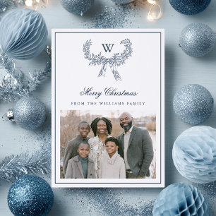 Holiday Monogram Vintage Ribbon Wreath Christmas Letterpress Photo Cards