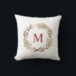 Holiday monogram wreath pillow<br><div class="desc">Holiday monogram wreath pillow with burgundy accents.</div>