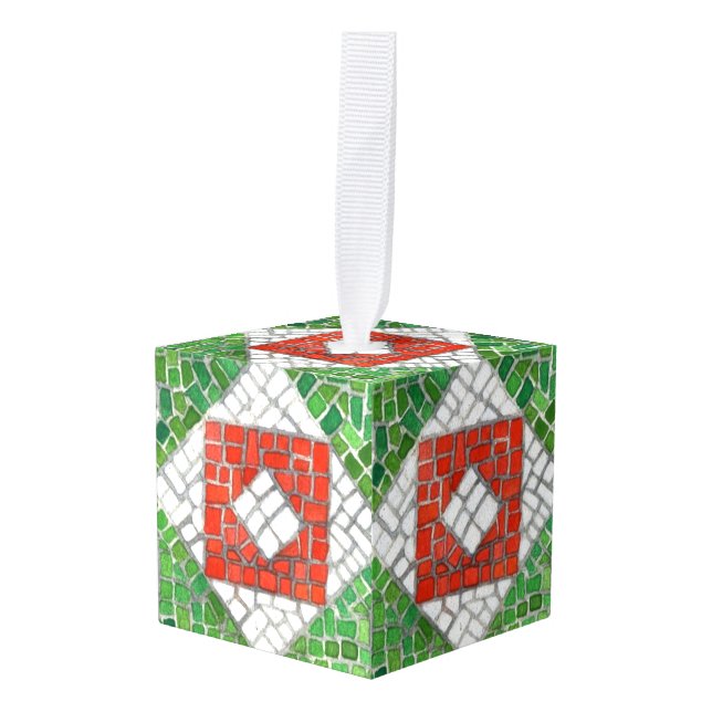 HOLIDAY MOSAIC Wooden Cube Ornament (Front Angled)