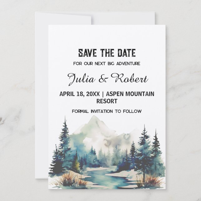 Holiday Mountain Pine Tree Outdoor Save the Date Invitation (Front)