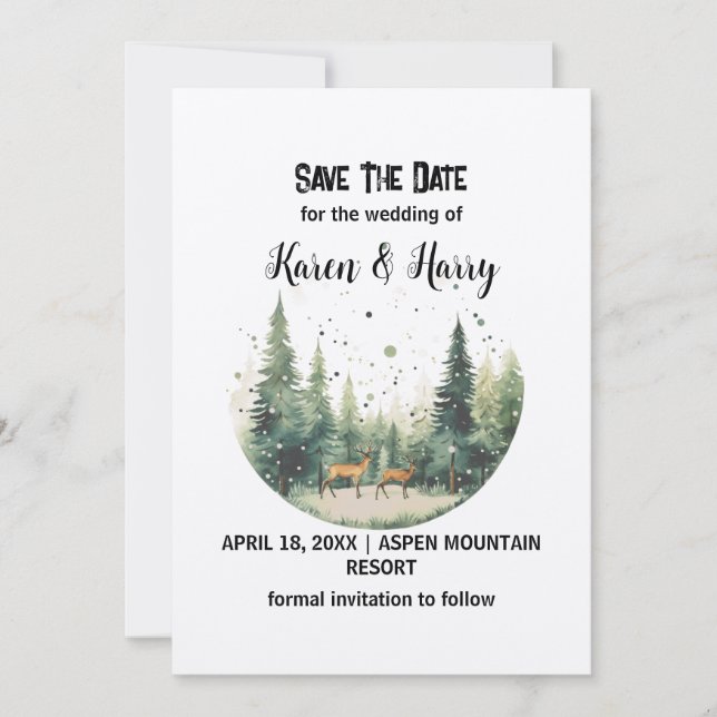 Holiday Mountain Snow Deer Pine Tree Save The Date Invitation (Front)