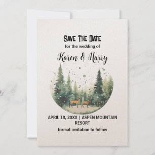 Holiday Mountain Snow Deer Pine Tree Save The Date Invitation
