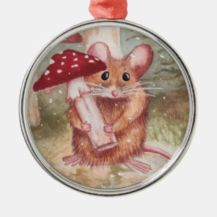 Holiday Mouse and Mushroom Metal Ornament