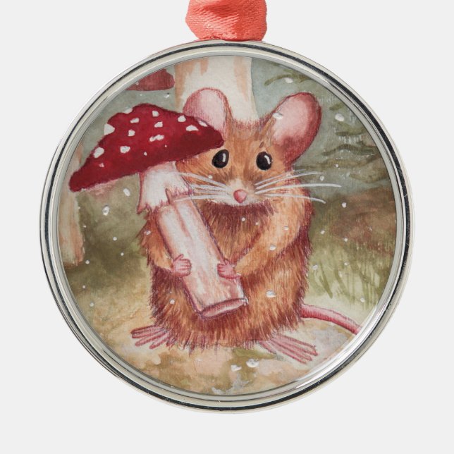 Holiday Mouse and Mushroom Metal Ornament (Front)