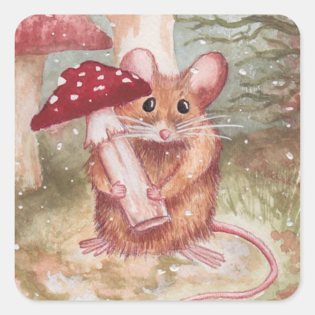 Holiday Mouse and Mushroom Square Sticker (Front)