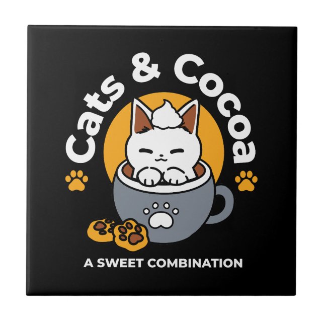 Holiday Mug Design with Cozy Cat and Paw Cookies Ceramic Tile (Front)