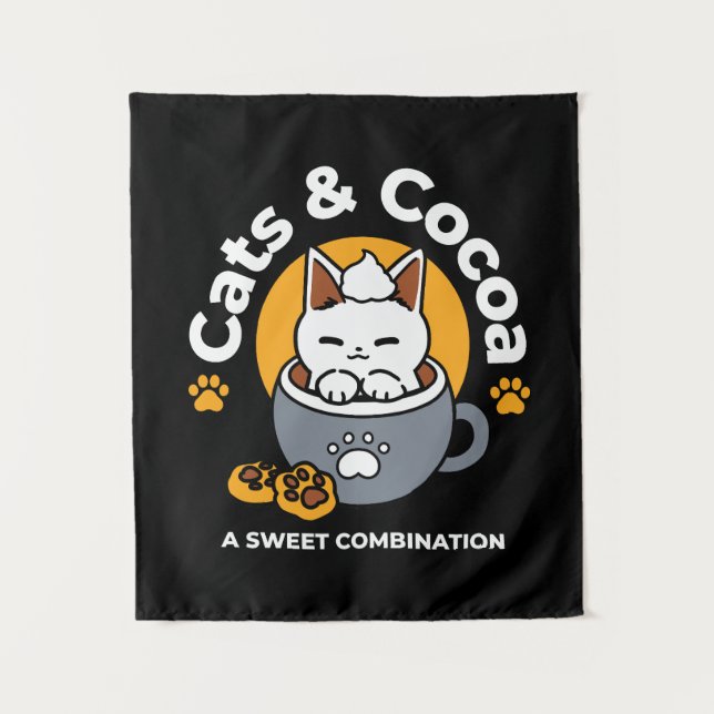 Holiday Mug Design with Cozy Cat and Paw Cookies Tapestry (Front)