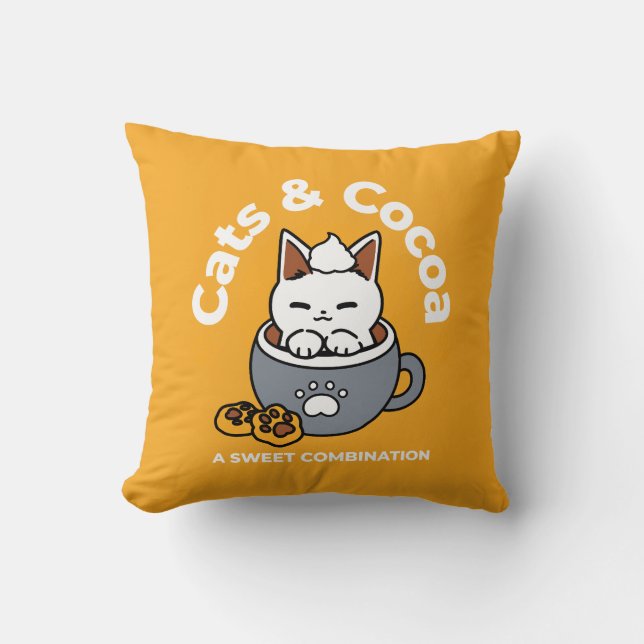 Holiday Mug Design with Cozy Cat and Paw Cookies Throw Pillow (Front)