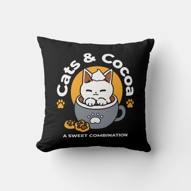 Holiday Mug Design with Cozy Cat and Paw Cookies Throw Pillow (Front)