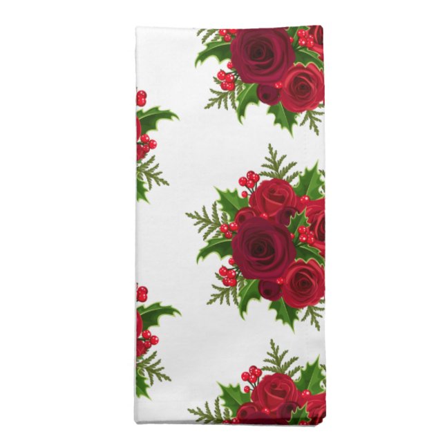 Holiday Napkins Set-Red Roses & Holly (Folded)