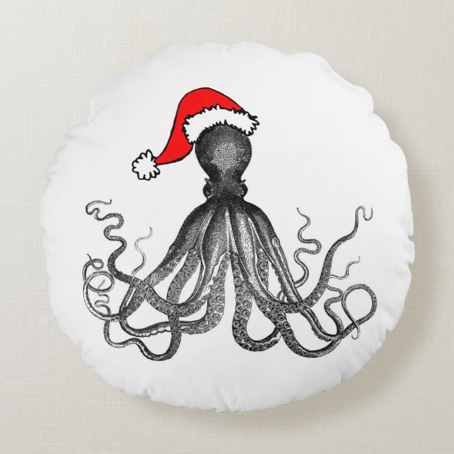 Holiday Nautical Steampunk Octopus Vintage Kraken Round Pillow (Front)