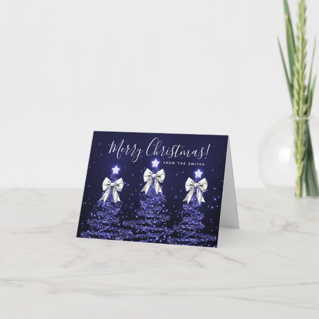 Holiday Navy Blue Christmas Trees Greeting Silver  (Front)