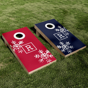 Holiday Navy Red Christmas Snowflake Monogram Cornhole Set