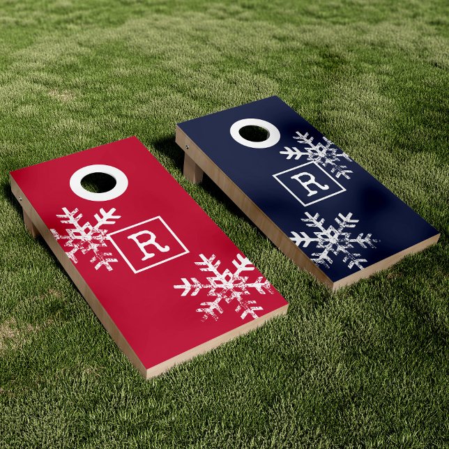 Holiday Navy Red Christmas Snowflake Monogram Cornhole Set (Creator Uploaded)